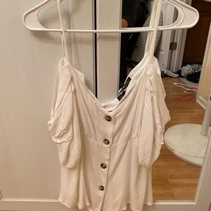 *NEVER WORN* Short sleeve off the shoulder white button-up blouse.